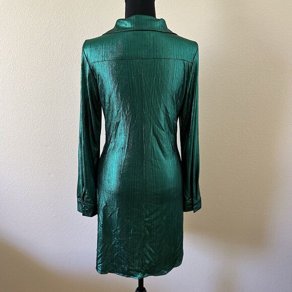 Women’s Long Sleeves Open Front Metallic Green Mini Dress Size M NWT - Picture 4 of 8